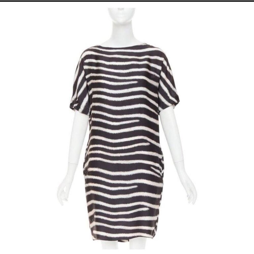 Vintage Stella McCartney 2009 Silk Zebra Stripe Shift Dress Tie Back Mini US0 XS